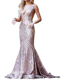Jovani - SEQUIN EMBELLISHED V-NECK DRESS
