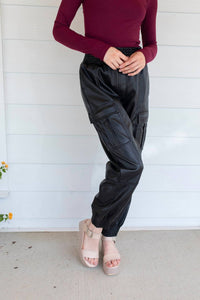 Fate Drawstring Leather Cargo Joggers in black - women's pants - detail view