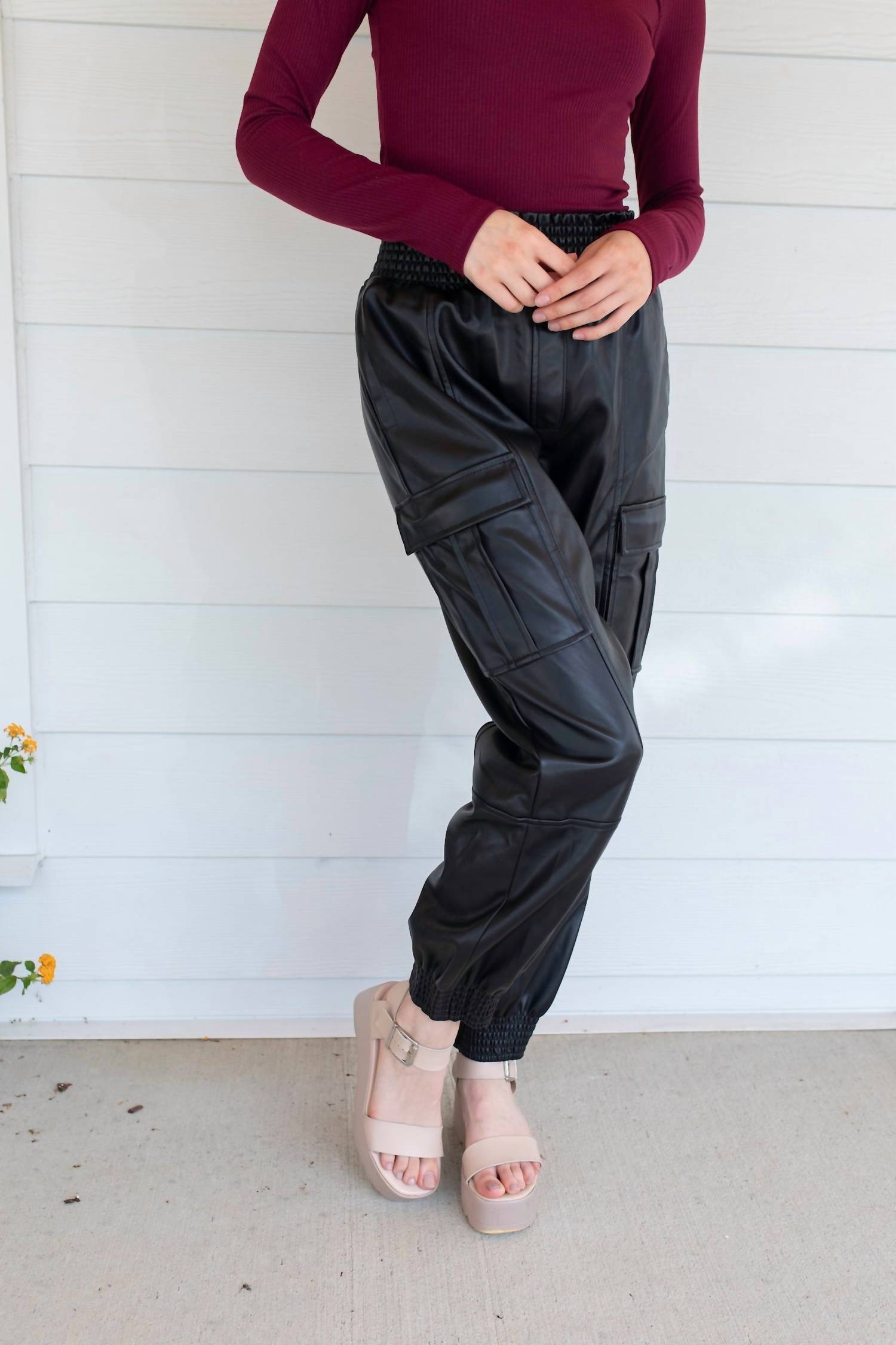 Fate Drawstring Leather Cargo Joggers in black - women's pants - detail view