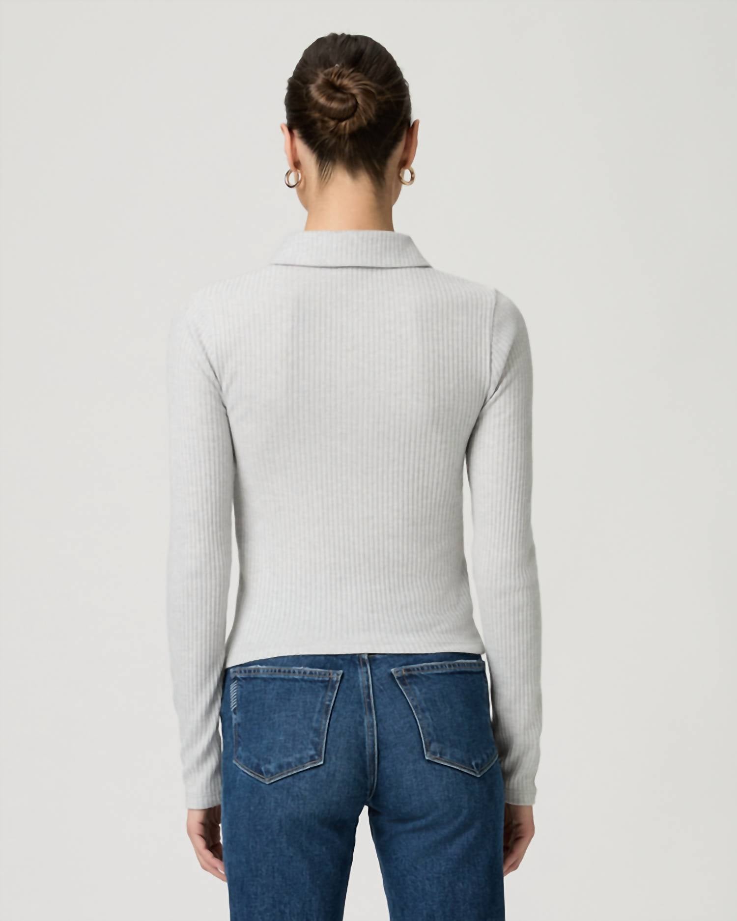 Paige Eden Collared Long Sleeve Top in heather grey - women's long sleeve top - detail view