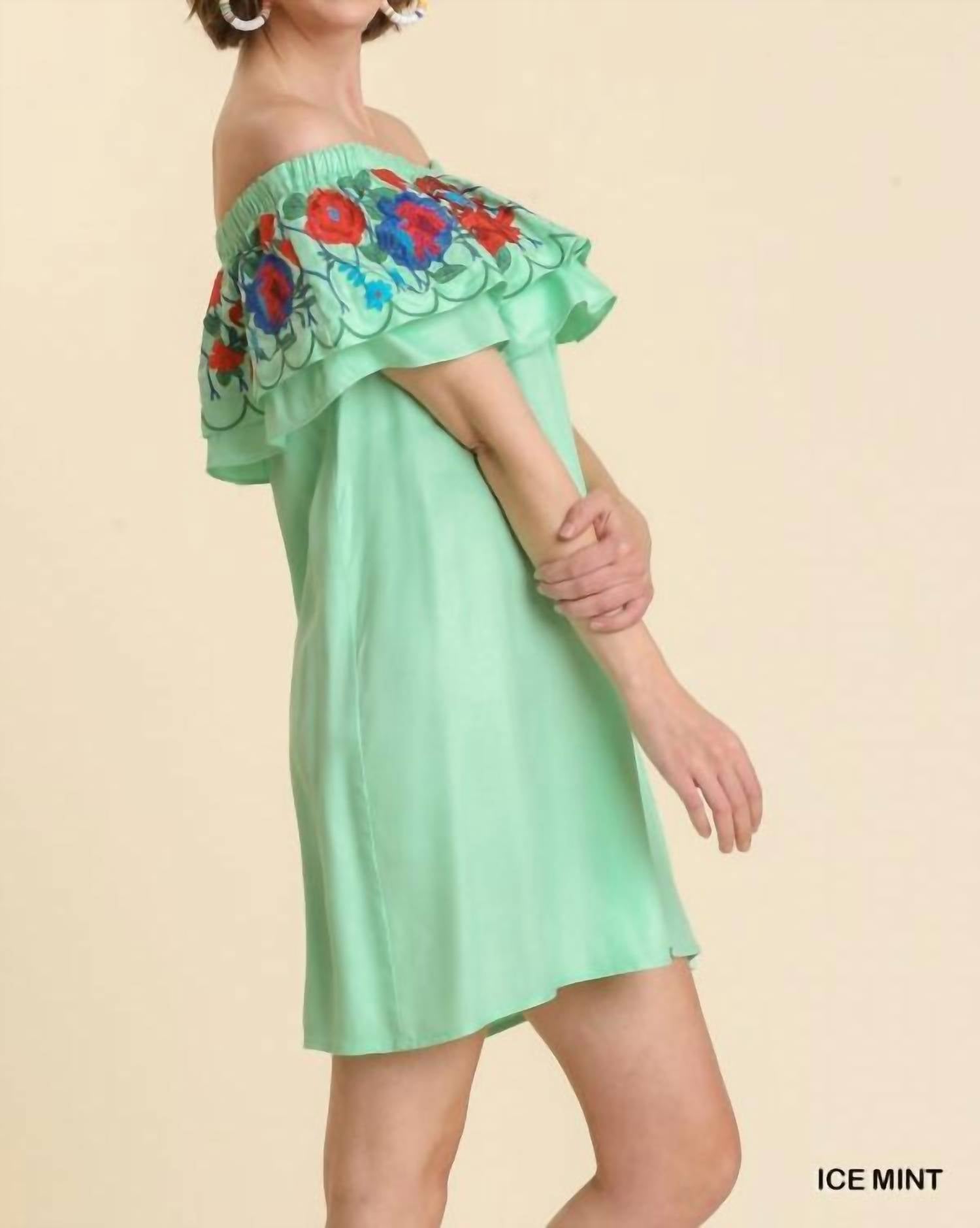 umgee Floral Embroidered Ruffled Dress in mint - women's dress - detail view