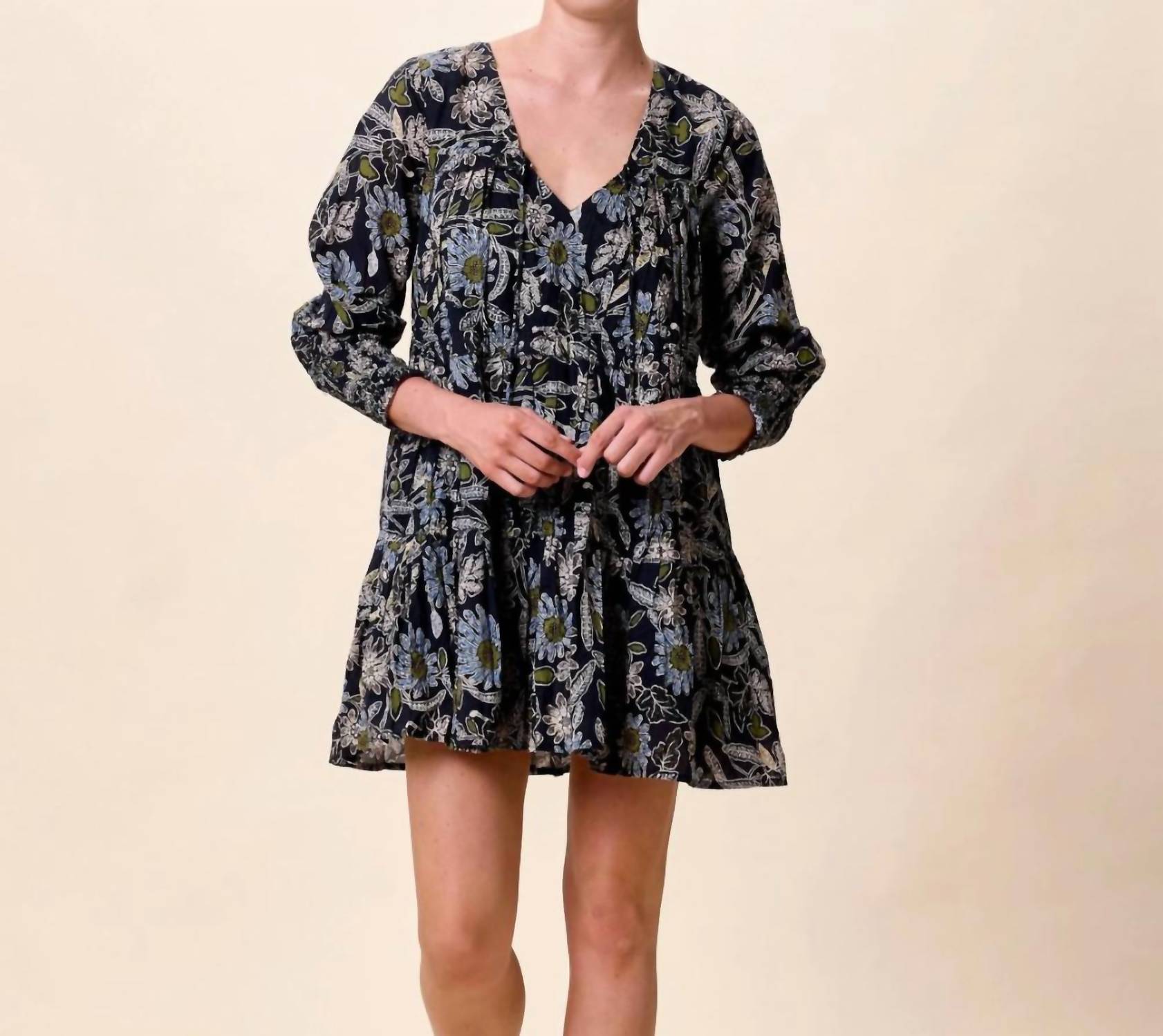 Cleobella Raquel Long Sleeve Mini Dress in dark magnolia floral print - women's dress