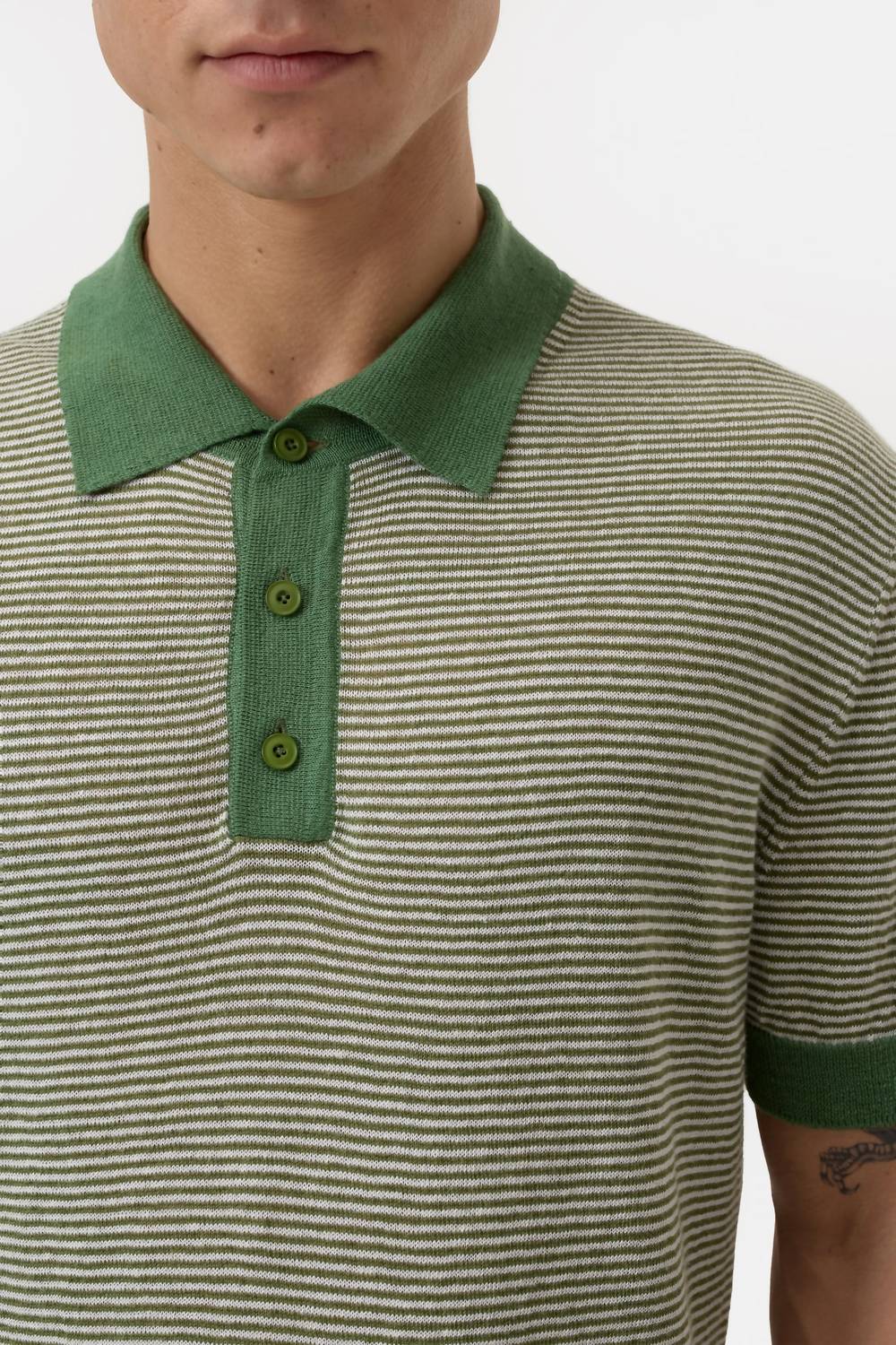 CLOSED Striped Linen Blend Polo Shirt in ranger green - men's shirt - view 4