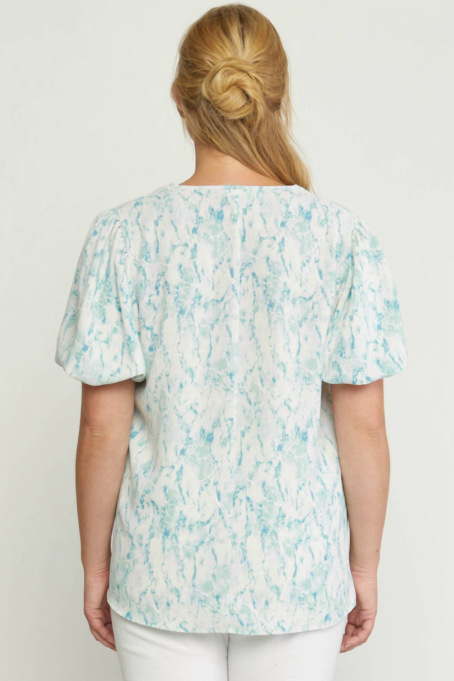 entro Watercolor Puff Sleeve Blouse in green - women's blouse - detail view