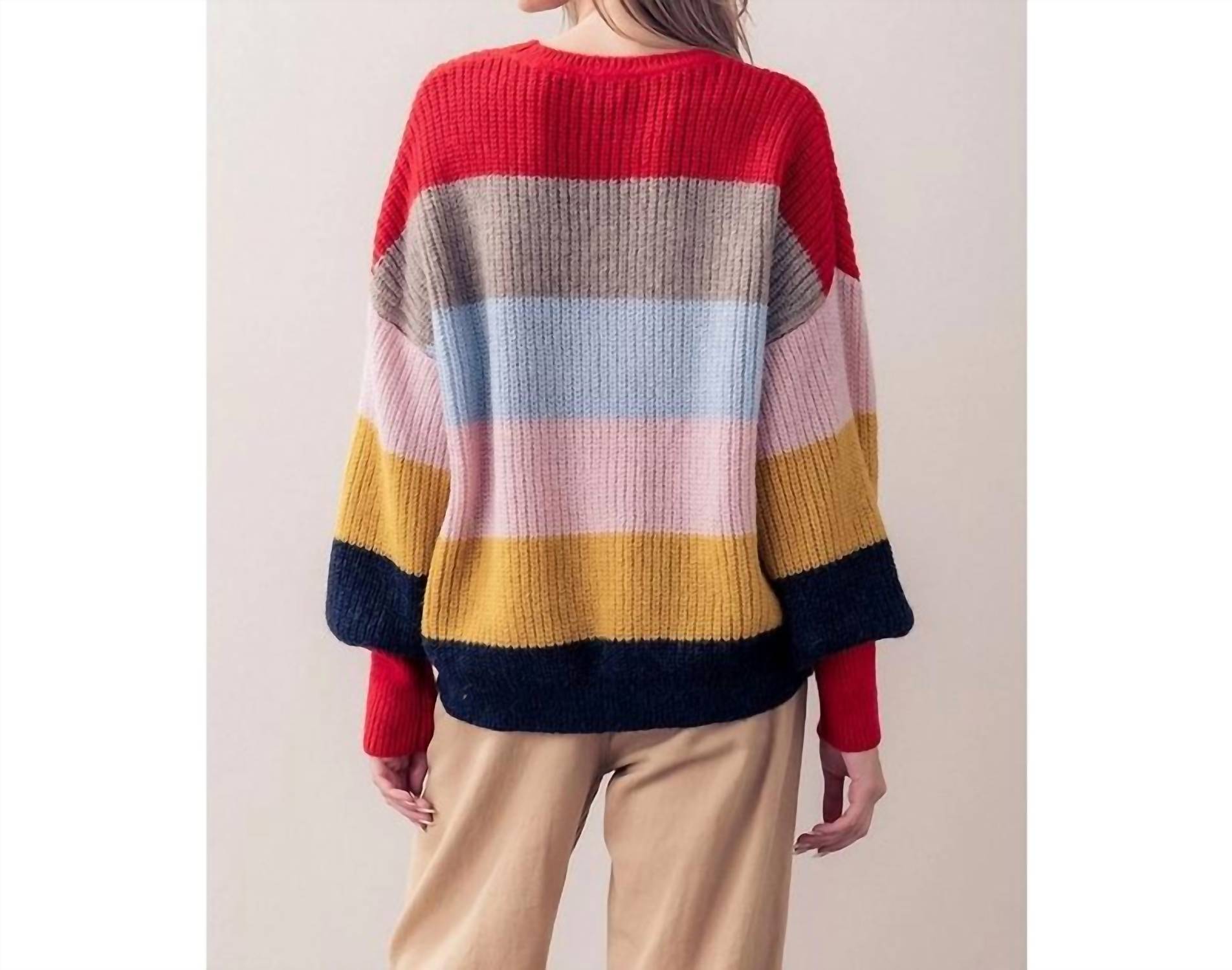 trend:notes Striped Puff Sleeve Sweater in multi - women's sweater - detail view