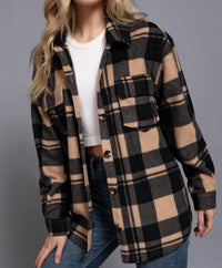 42POPS Women's Check Printed Fleece Shacket in taupe - women's long sleeve top
