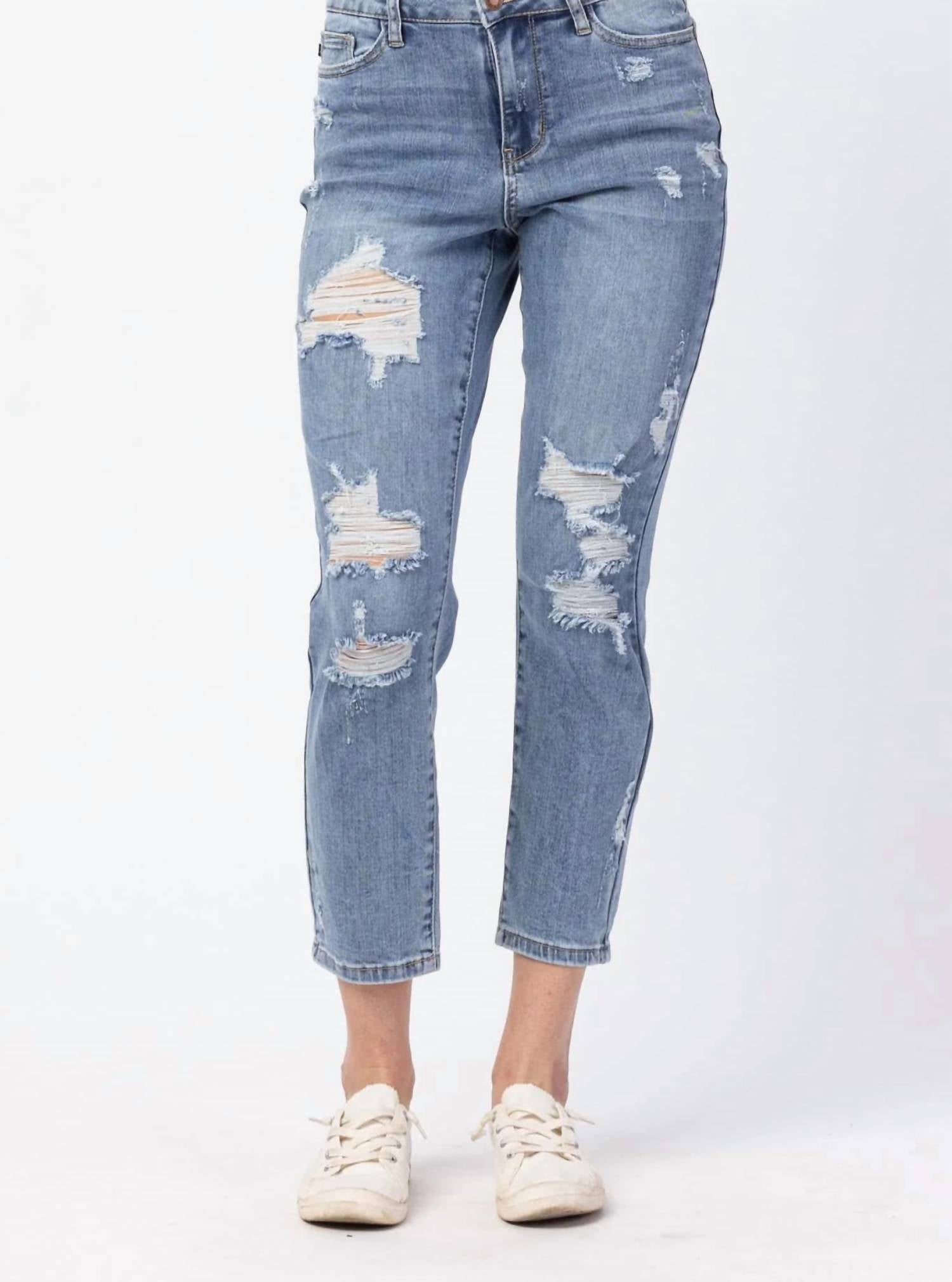 Judy Blue Distressed Boyfriend Fit Jeans in medium blue - women's jeans