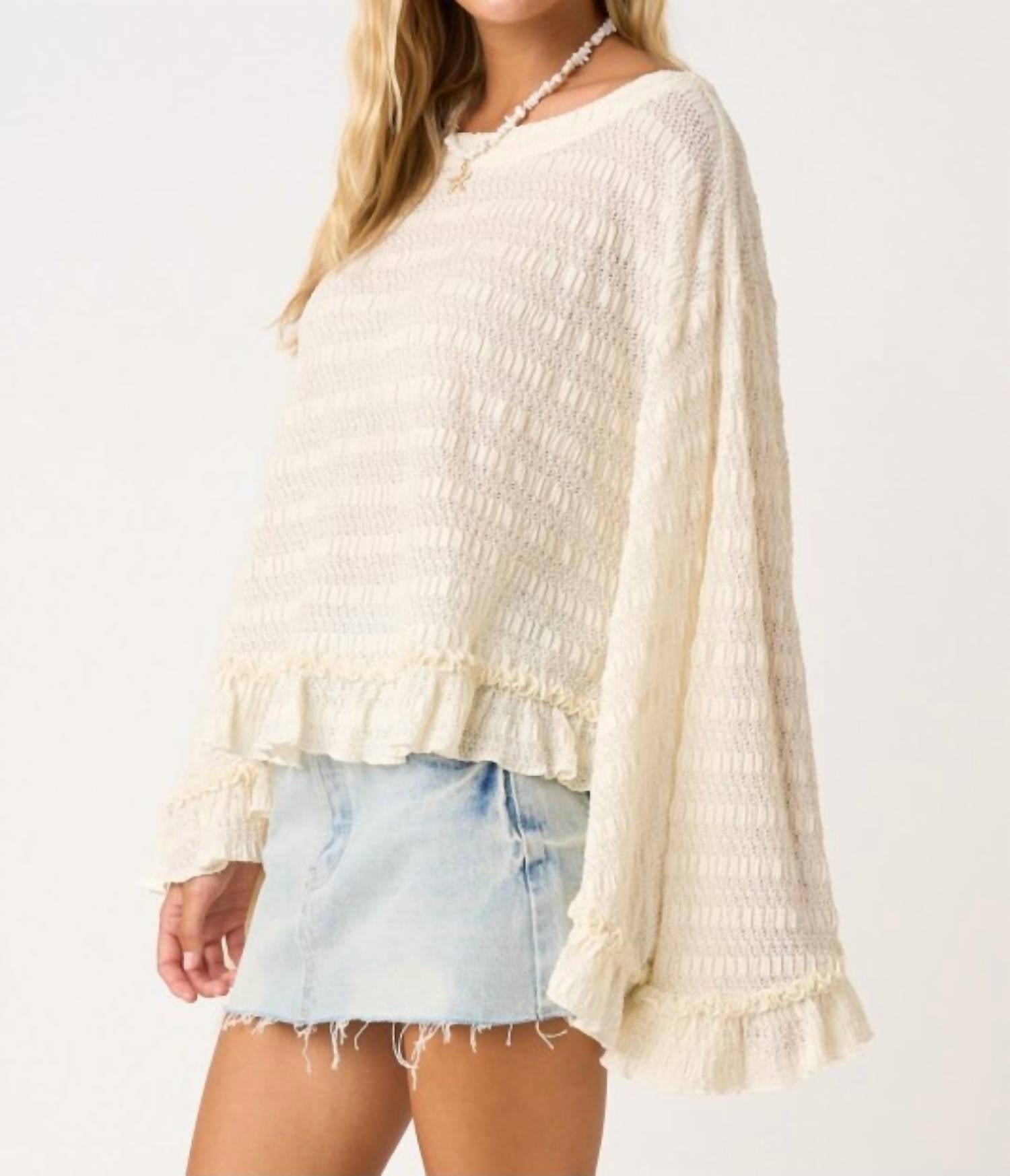 Mittoshop - Flowy Batwing Sleeve Boatneck Ruffle Hem Top