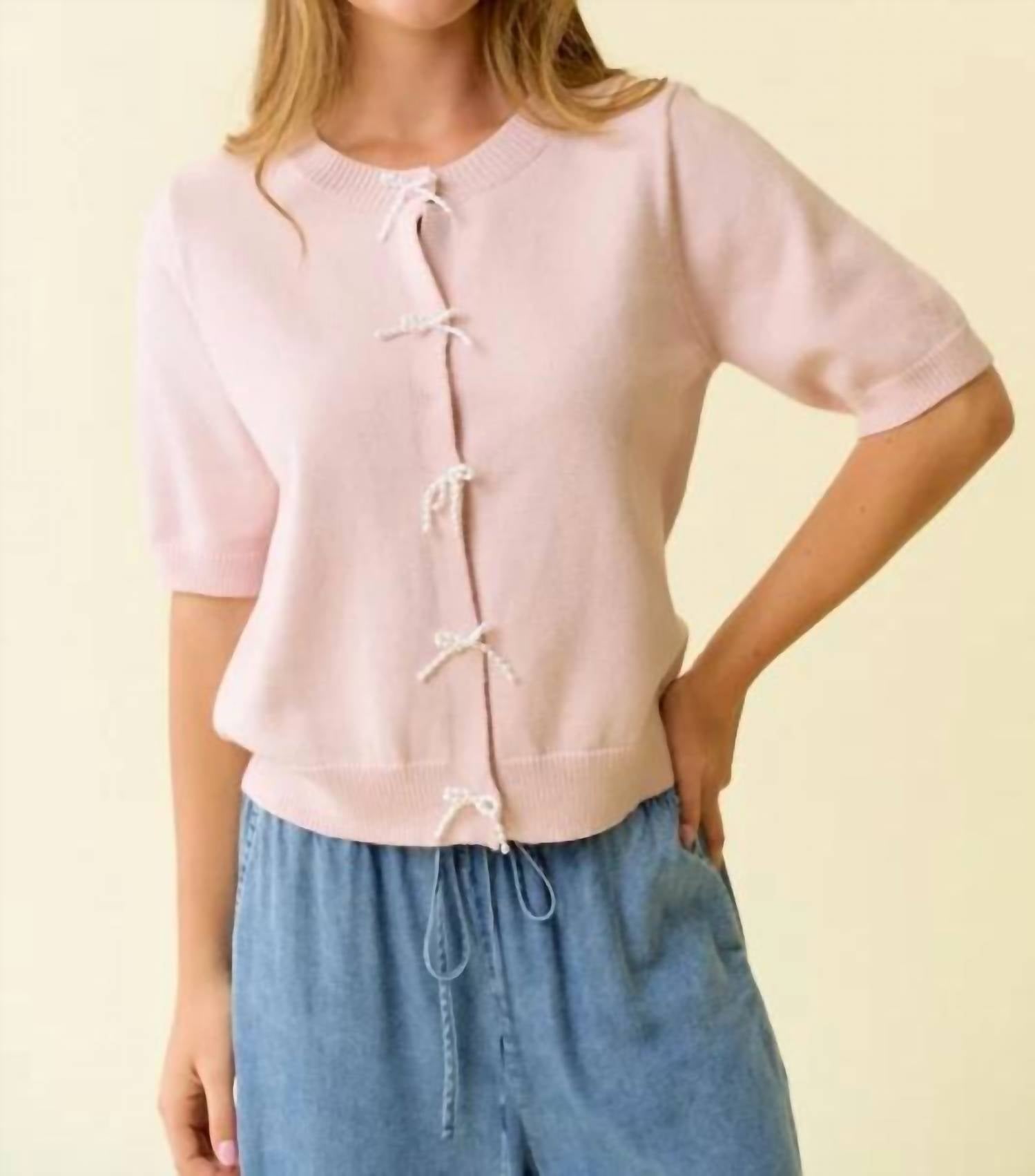Hem & Thread - Pearl Bow Button Short Sleeve Cardigan