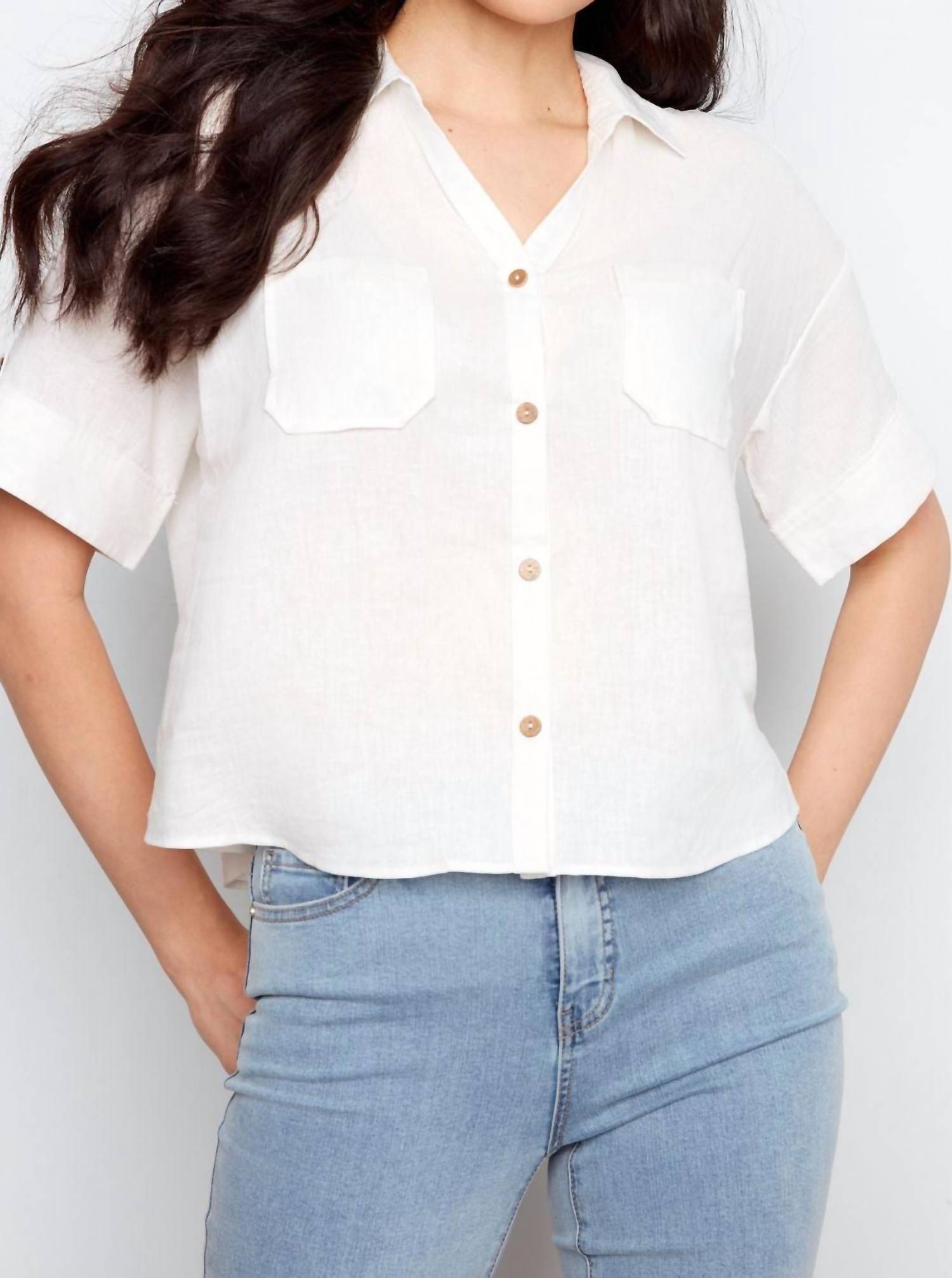 Charlie B - Short Sleeve Button Front Linen Patch Pockets Blouse