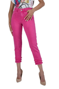 Frank Lyman Fiona Woven Denim Pant With Fringe Detail in fuchsia - women's jeans