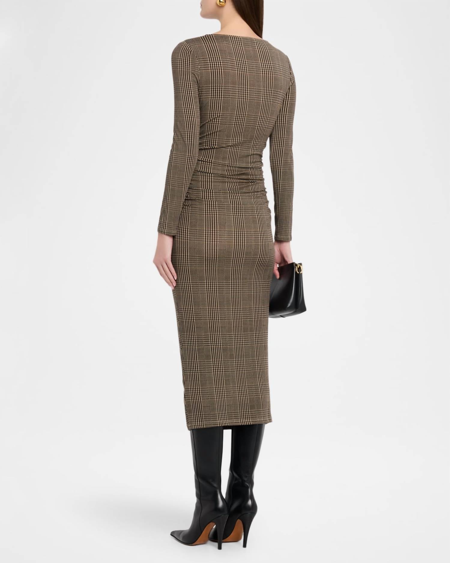 Veronica Beard Charissa Boat Neck Gathered Midi Dress in dark acorn - women's dress - detail view