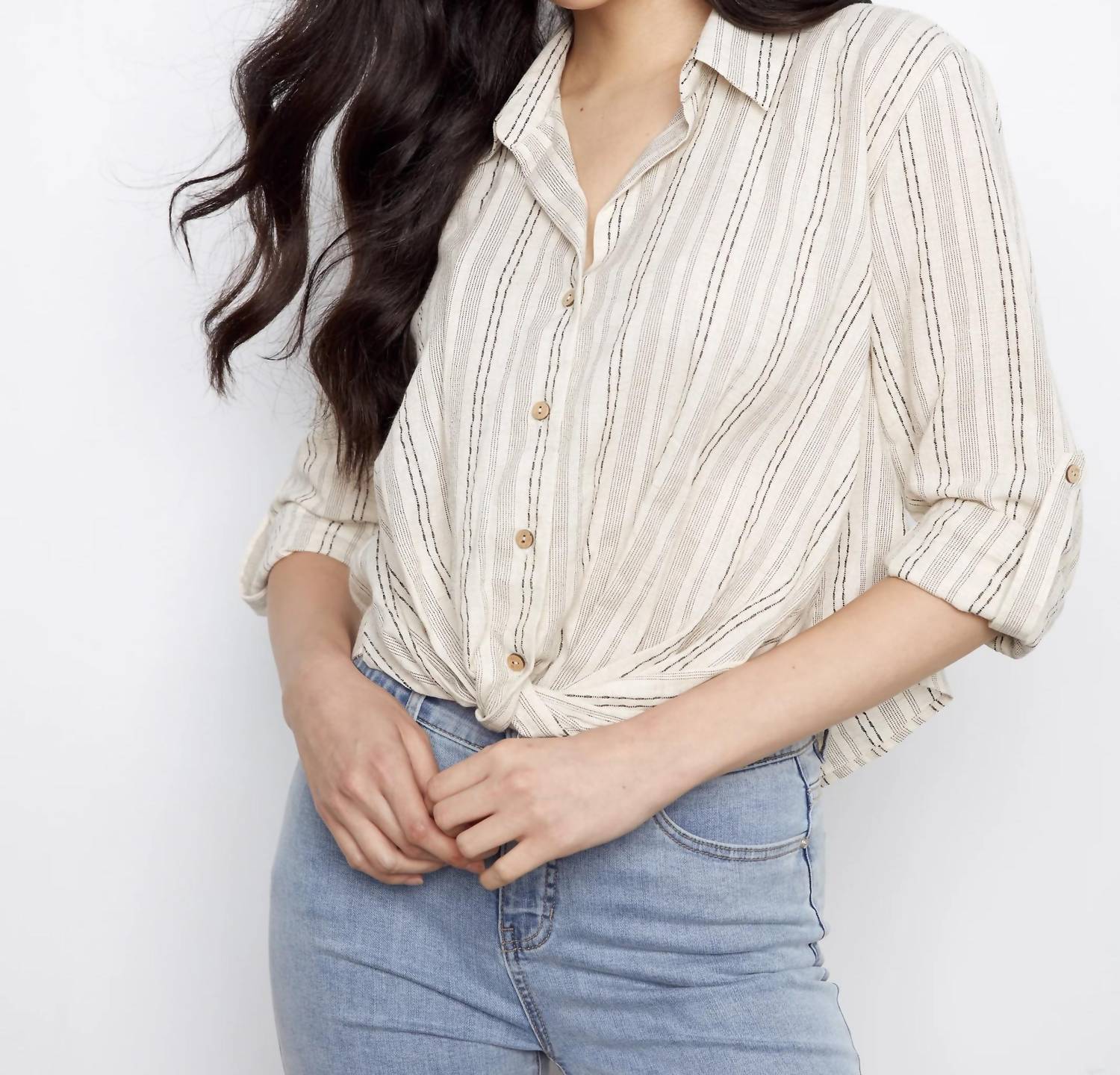 Charlie B - Striped Cotton-Linen Blend Shirt With Front Twist