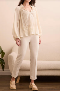 Tribal - Pleated Ruffle Notch Collar Novelty Blouse