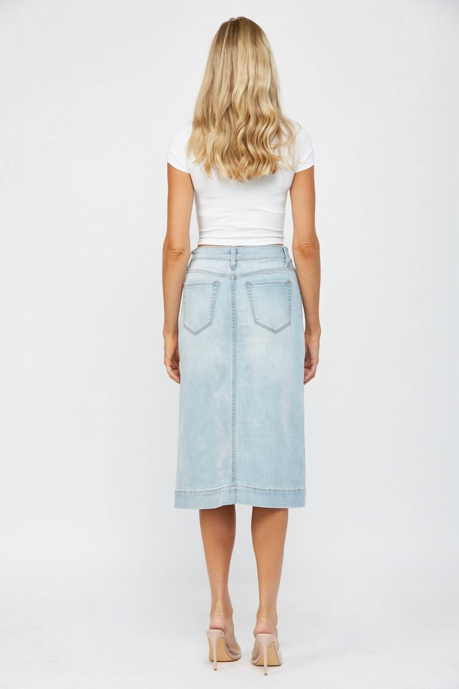 Mica Denim - Light Wash Denim Midi Skirt
