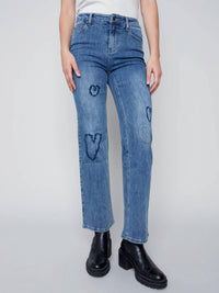 CHARLIE B Heart Embroidered Jean in medium blue - women's jeans - detail view