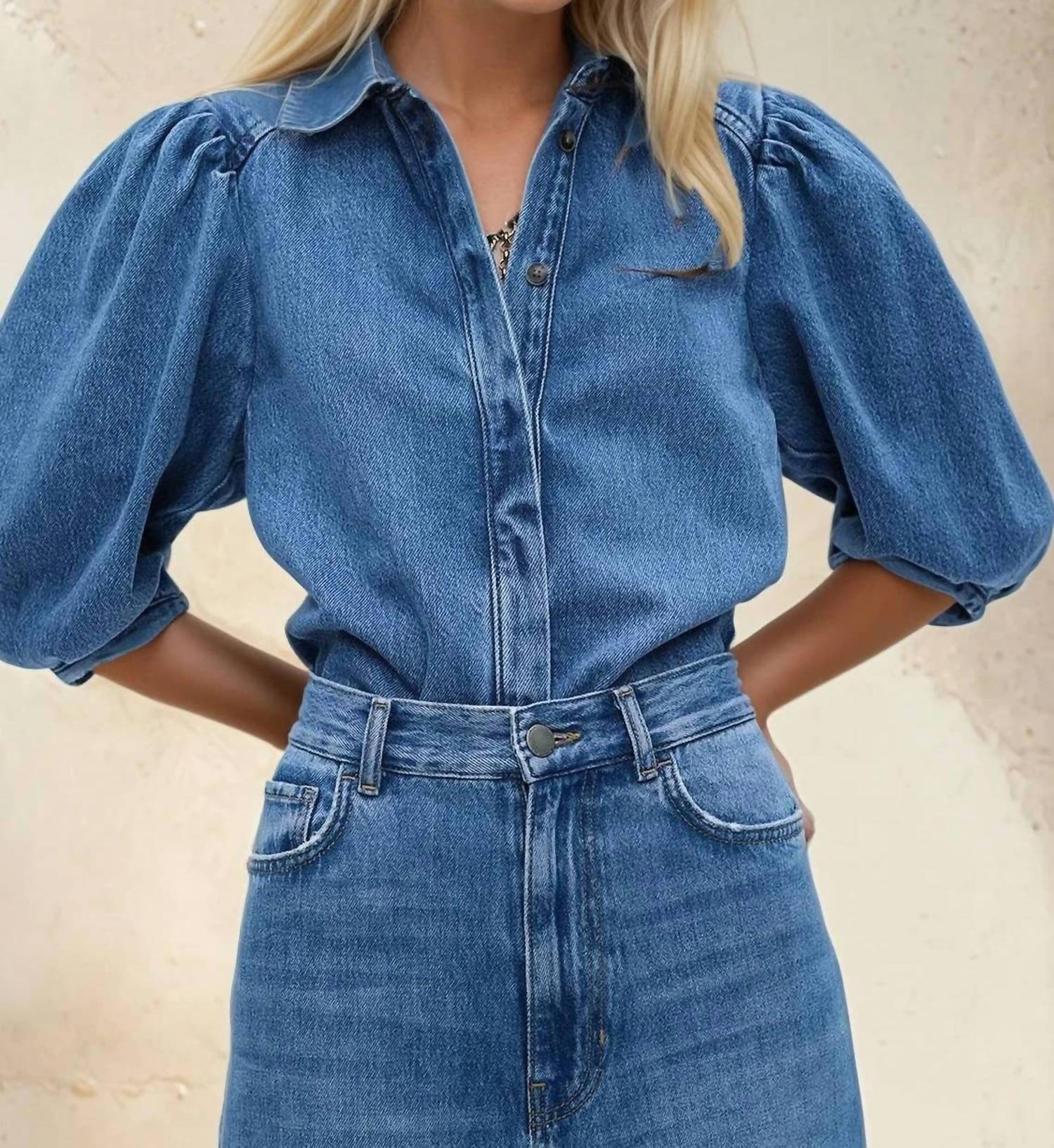 Wisteria Lane - Balloon Sleeved Denim Blouse