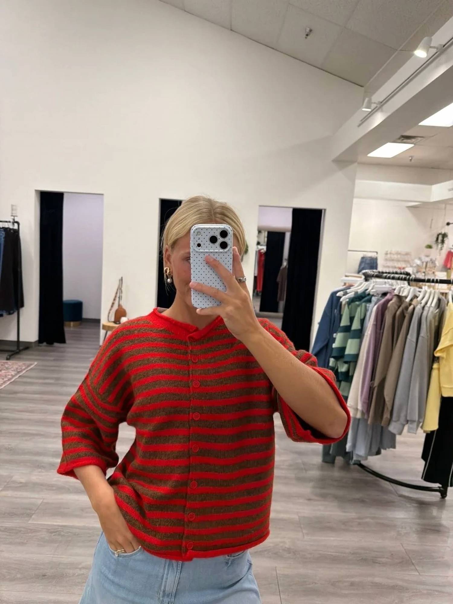 By Together - Striped Knit Quarter Sleeve Cardigan Sweater
