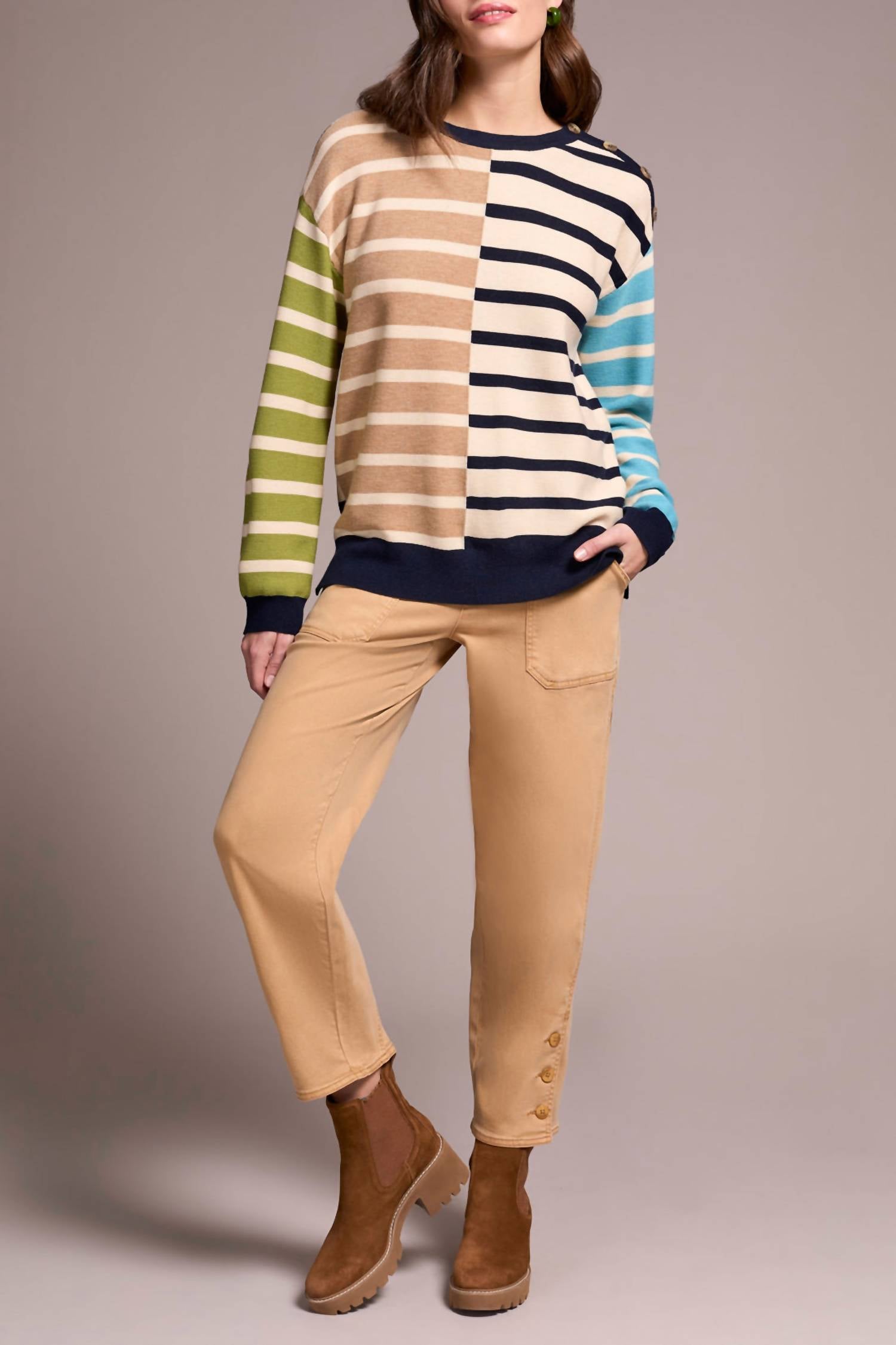 TRIBAL Long Sleeve Crew Neck Sweater in ice latte - women's sweater