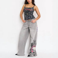 Ed Hardy Skull Flame Baggy Jeans in light grey - women's jeans