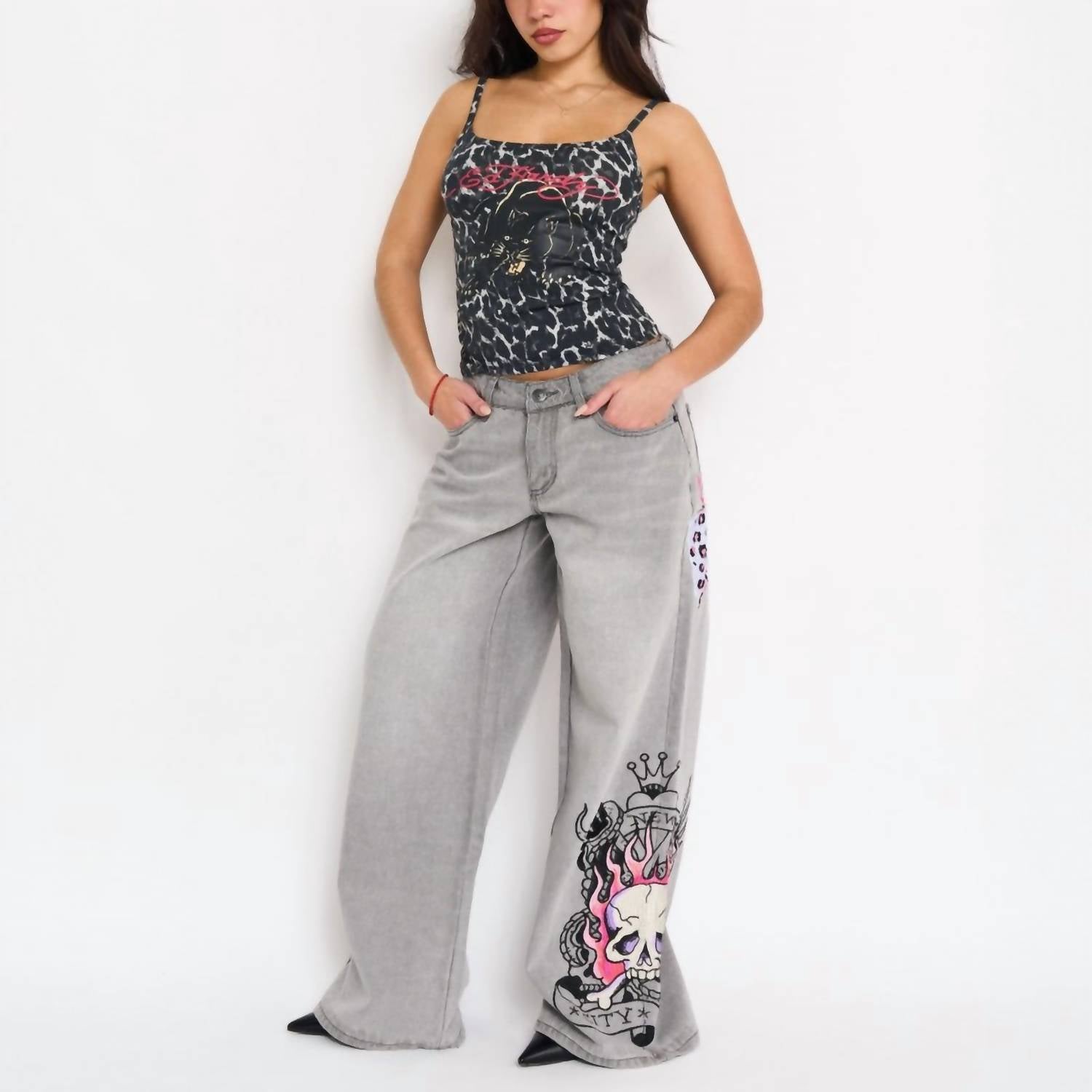 Ed Hardy Skull Flame Baggy Jeans in light grey - women's jeans