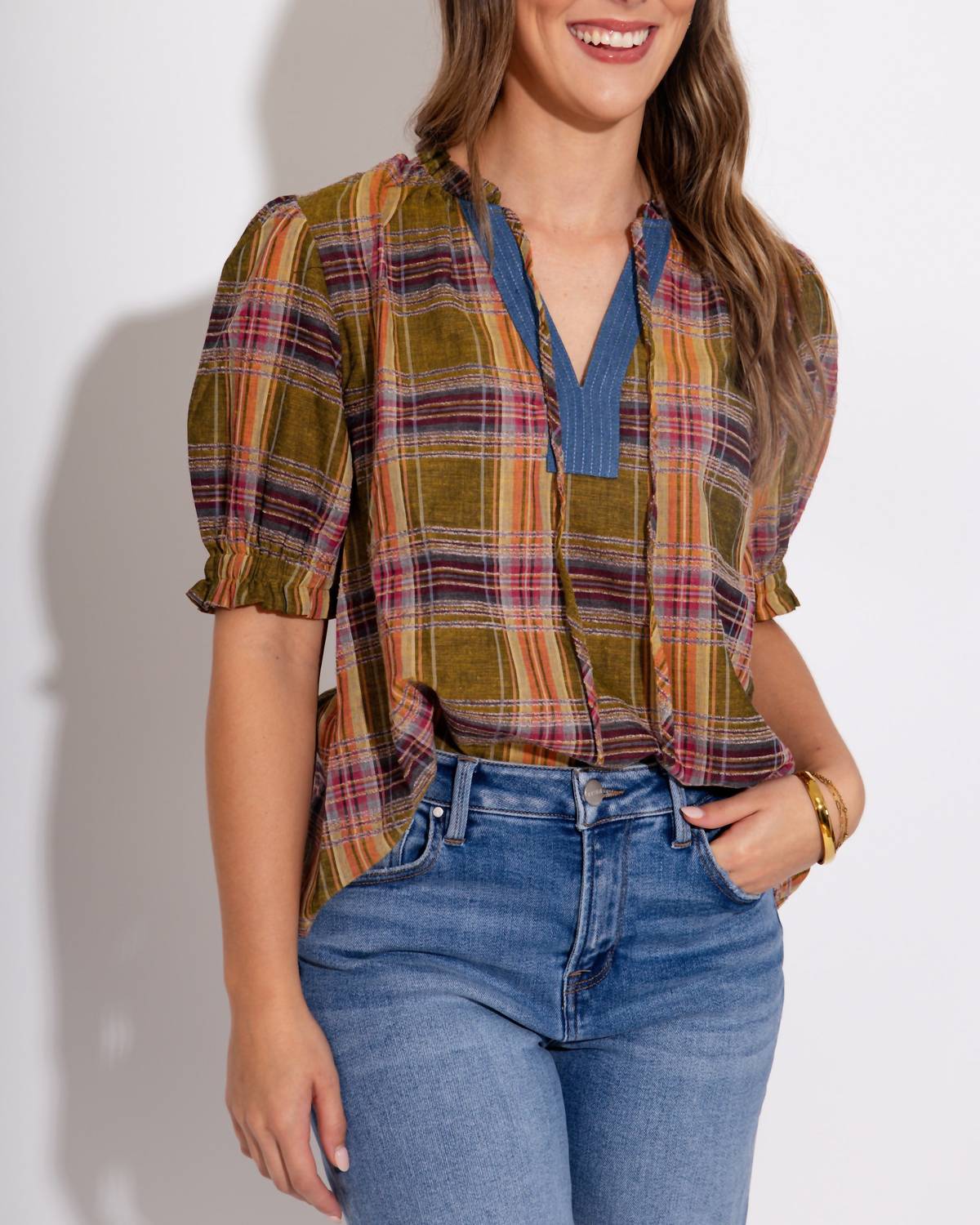 THML Color Pop Plaid Puff Sleeve Top in olive - women's blouse - view 5