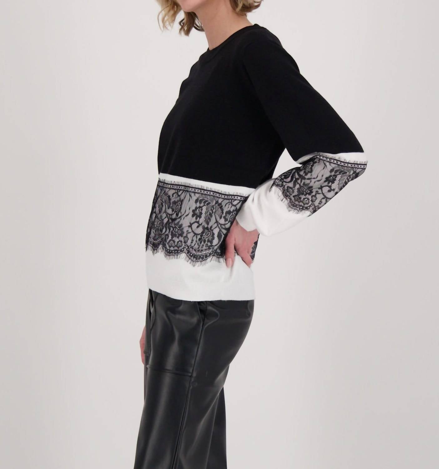 Gabby Isabella - Contrast Lace Panel Sweater Top
