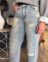 Oli & Hali Women's Washed Love Letter Patched Jeans in blue - women's jeans - detail view