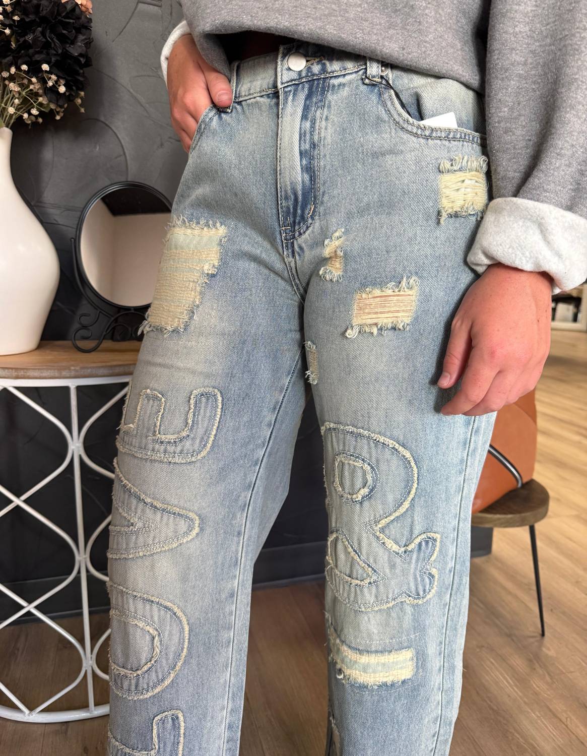 Oli & Hali Women's Washed Love Letter Patched Jeans in blue - women's jeans - detail view