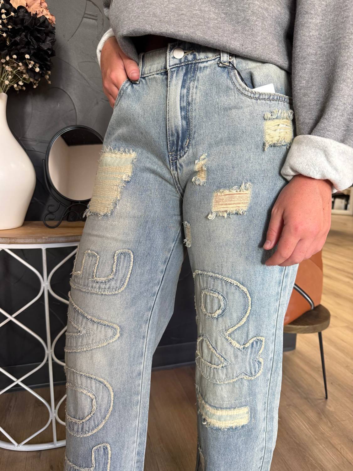 Oli & Hali Women's Washed Love Letter Patched Jeans in blue - women's jeans - alternate view