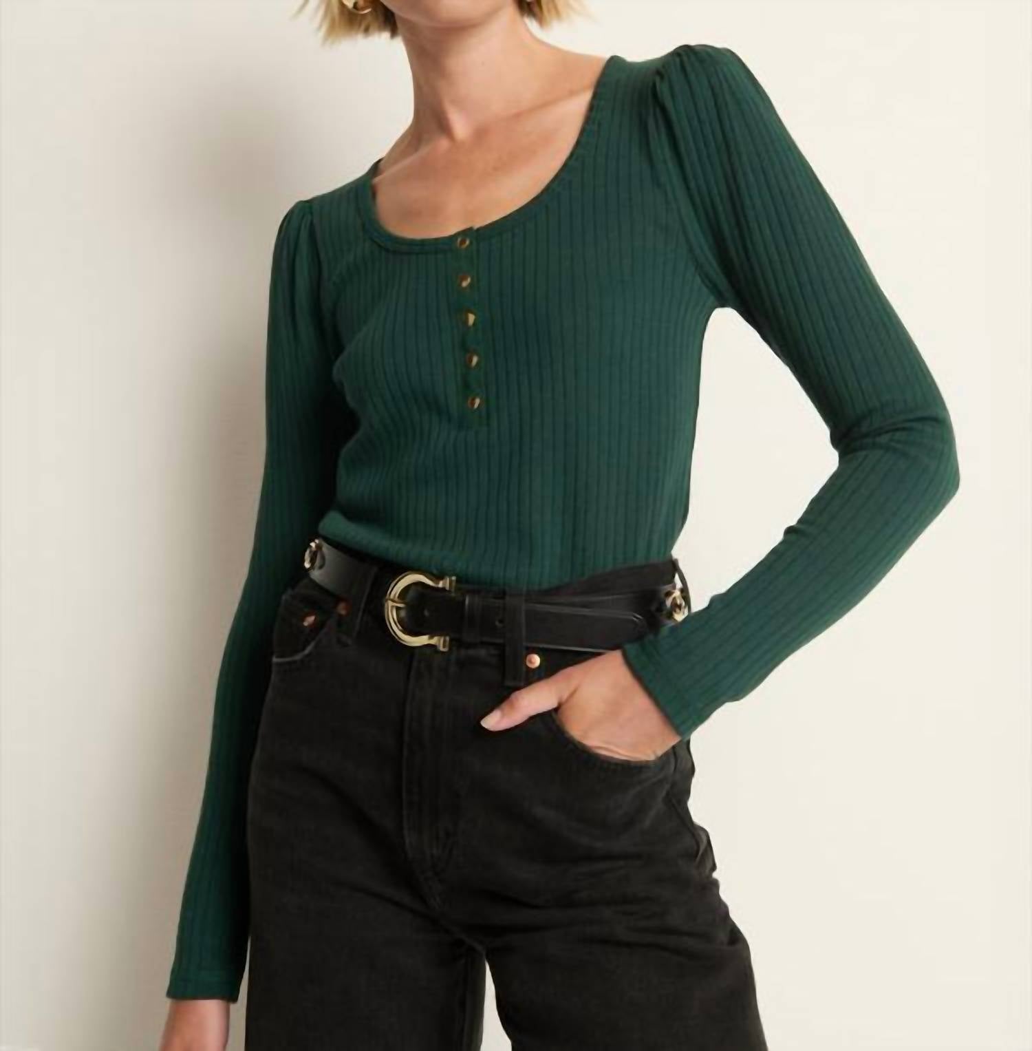 Nation LTD Reeva Henley Top in pine - women's long sleeve top - alternate view