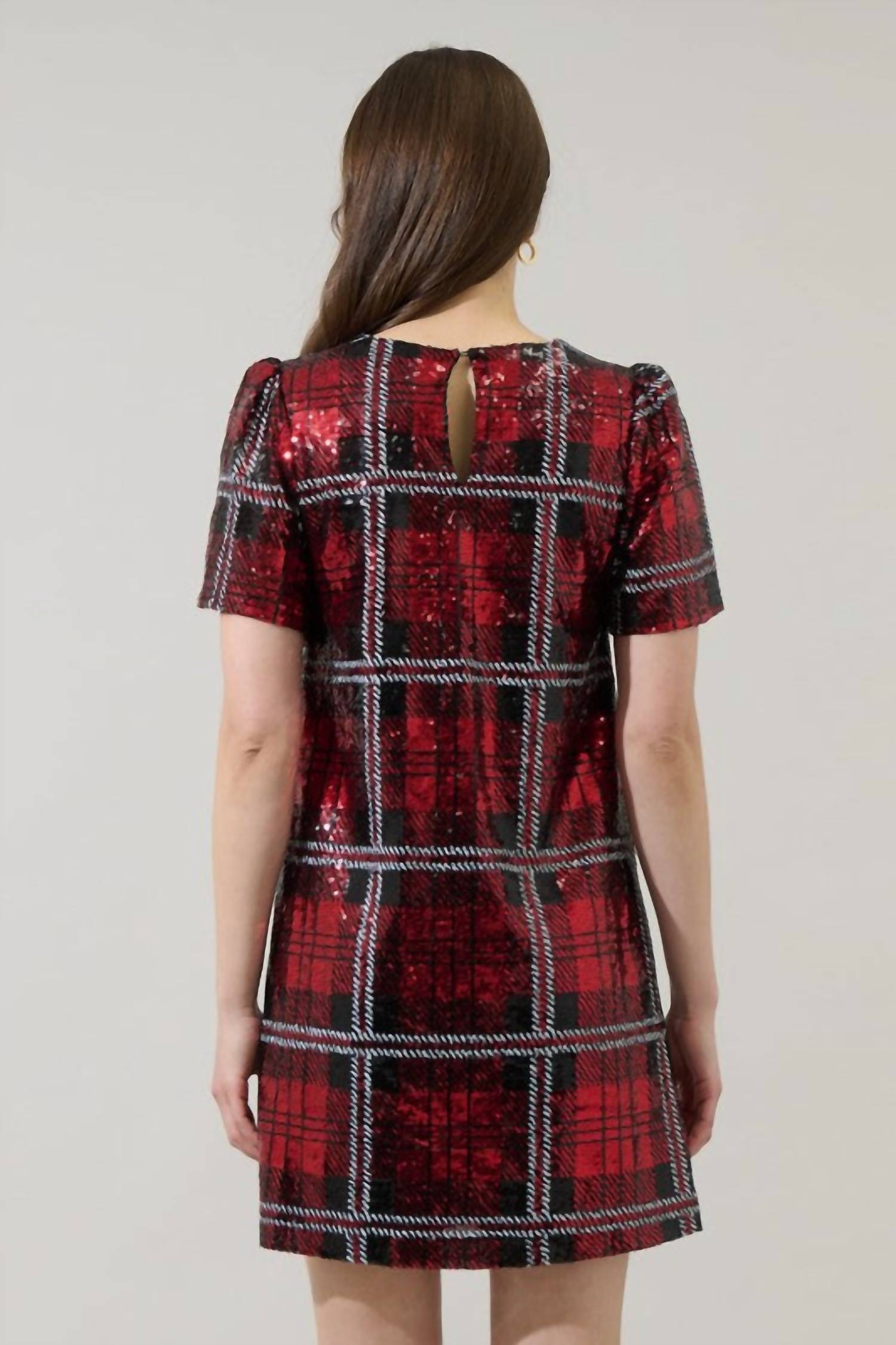 SUGARLIPS Sequin Plaid Mini Dress in red multi - women's dress - alternate view