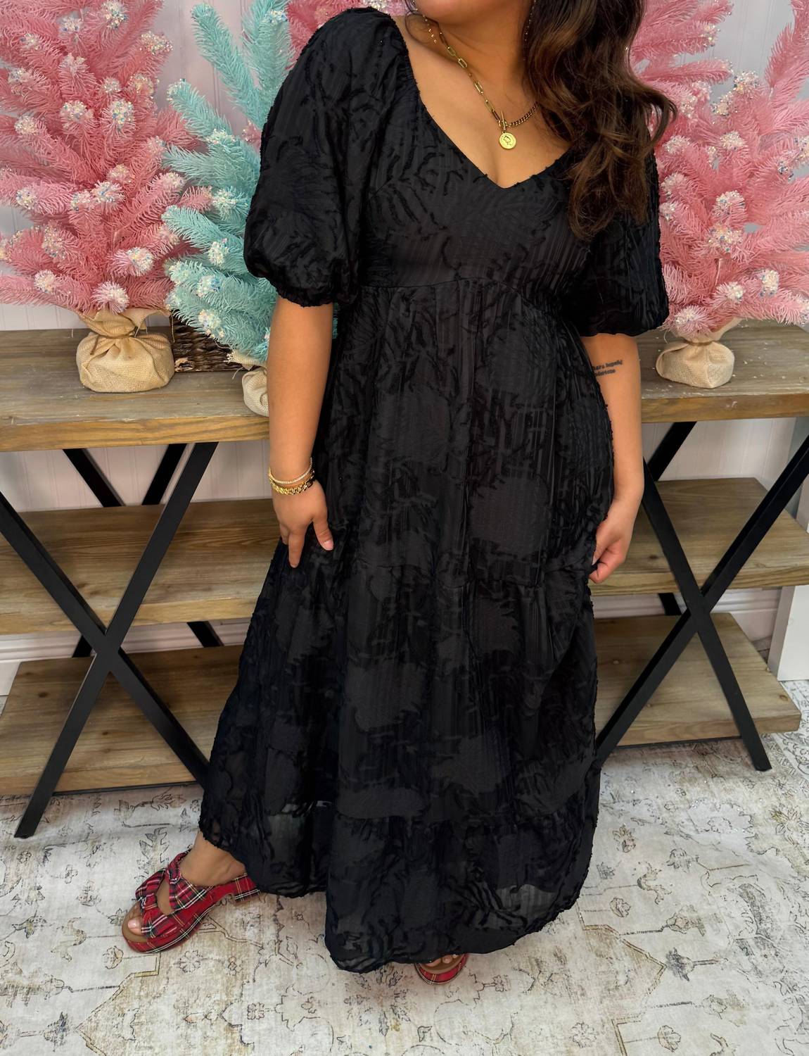 Polagram - Textured Tiered Puff Sleeve Midi Dress