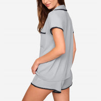Eberjey Frida Shortie Short Pajama Set in gray dawn navy - women's sleepwear - detail view