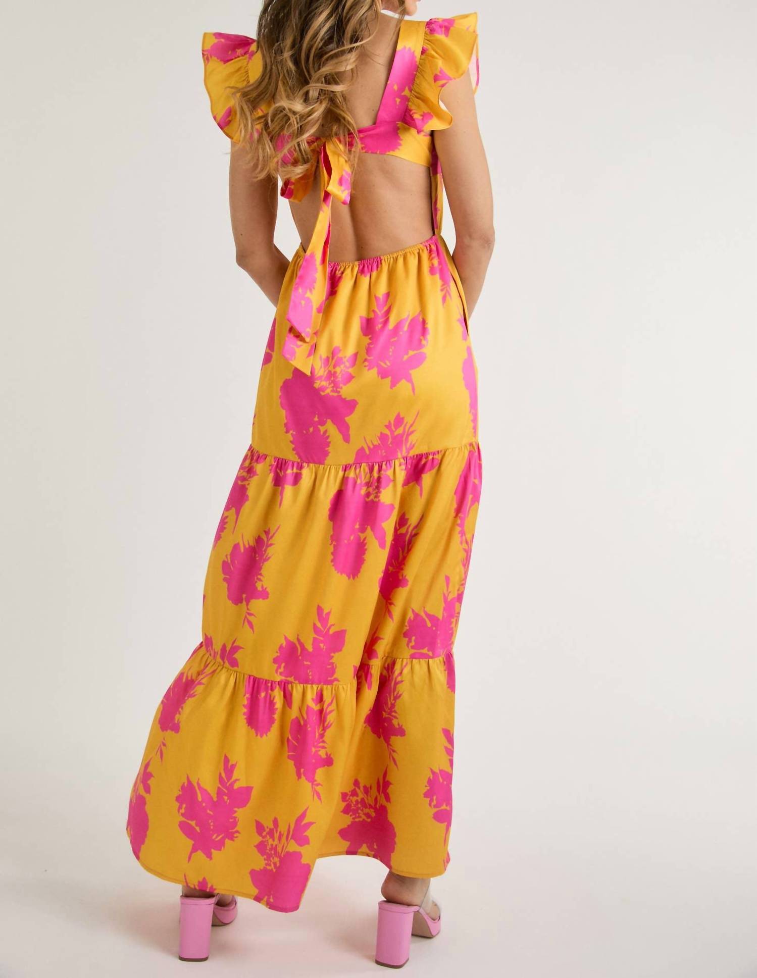 J.Nna - Floral Print Ruffle Short Sleeve Maxi Dress