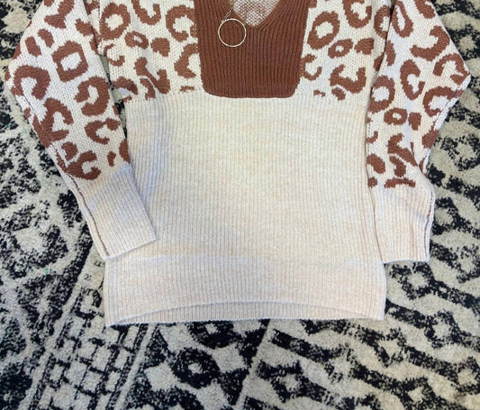 Bibi - Leopard Block Sleeves Sweater Top