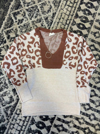Bibi - Leopard Block Sleeves Sweater Top