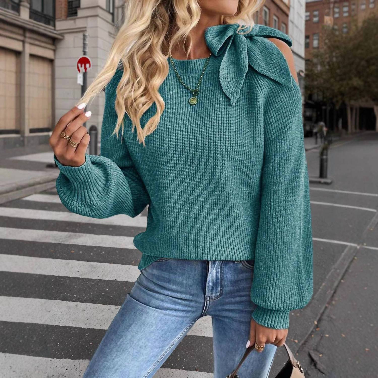 Masyal - Tabitha Bow Lantern Sleeve Knit Cardigan Sweater