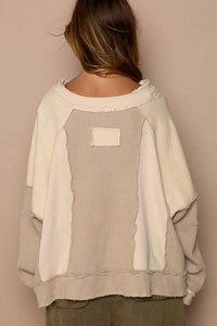 Pol - Notched Neck Contrast Long Sleeve Top