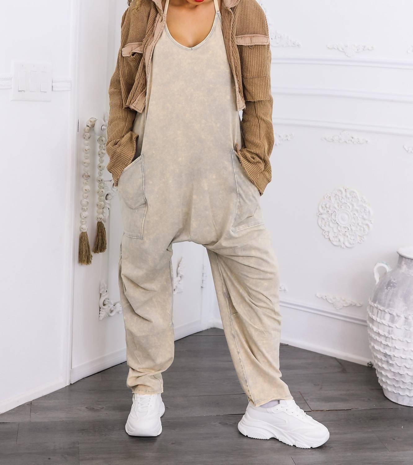 Surelymine - Mineral Wash Jumpsuit Relaxed Fit Pocket Overalls