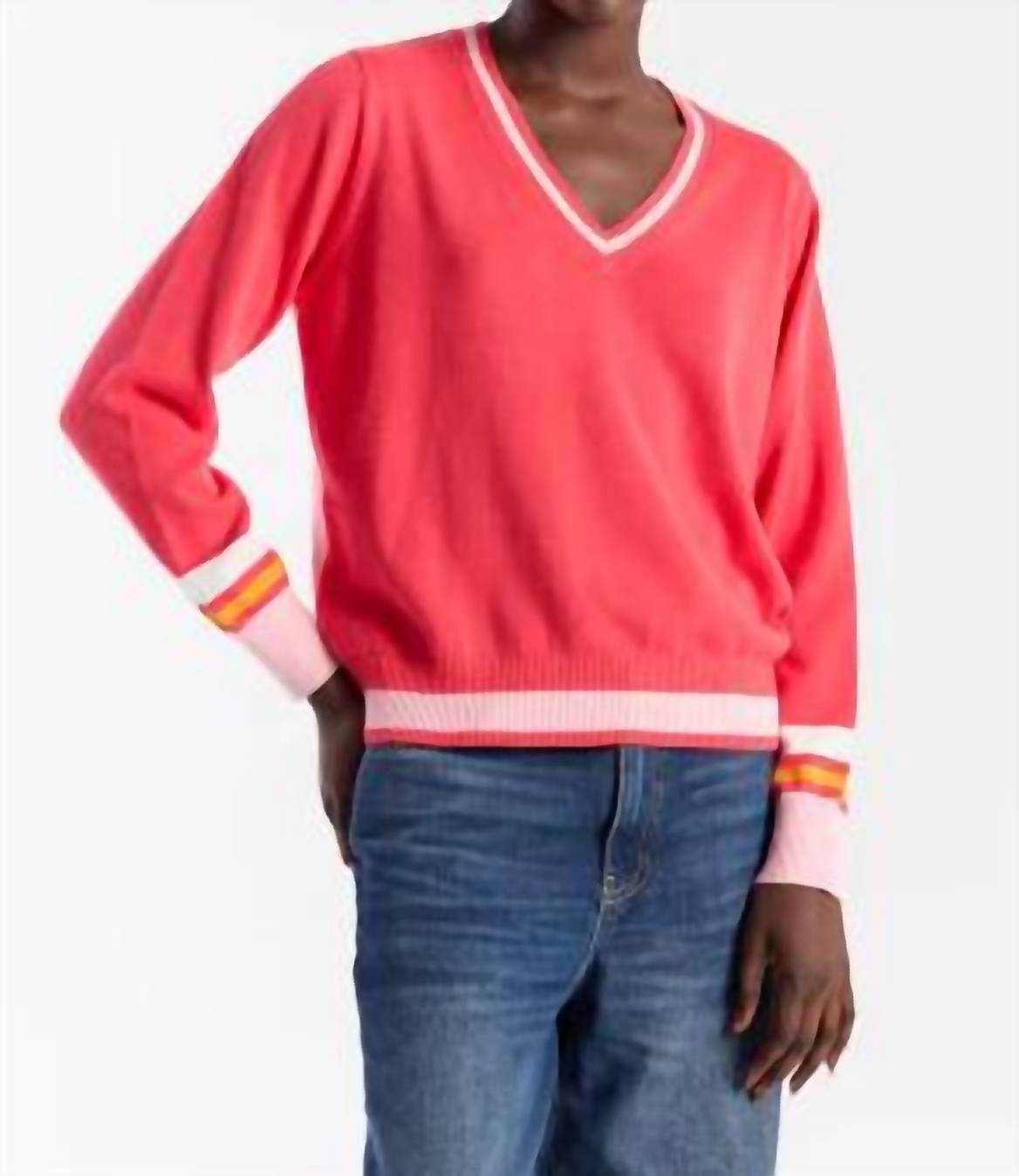 Brodie Cashmere - Contrast Stripe Varsity V Neck Pullover
