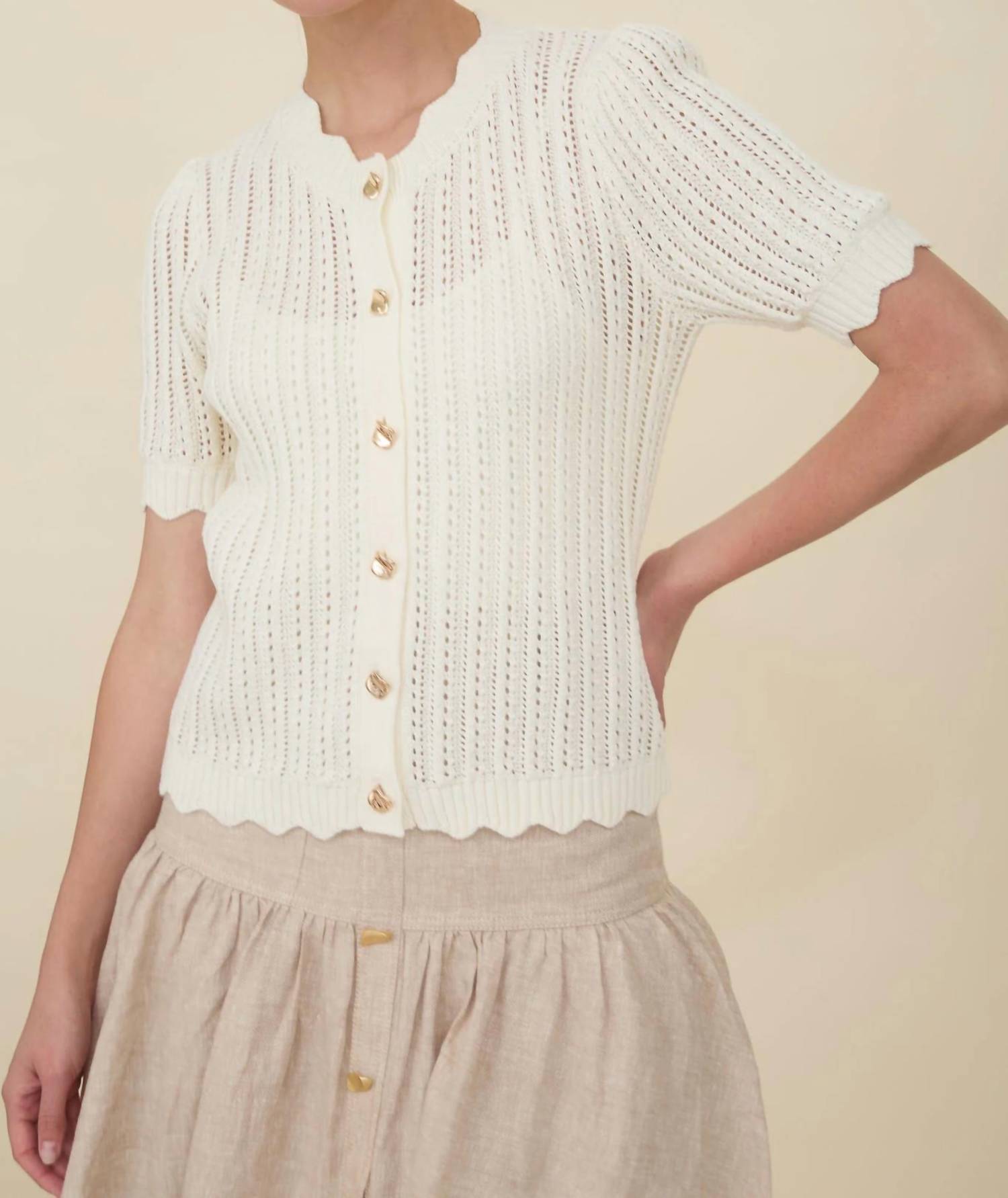 Zoe And Claire - Women's Short Sleeve Button Up Crochet Top