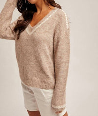 Hem & Thread - V-neck Sequin Stitch Contrast Pullover Sweater
