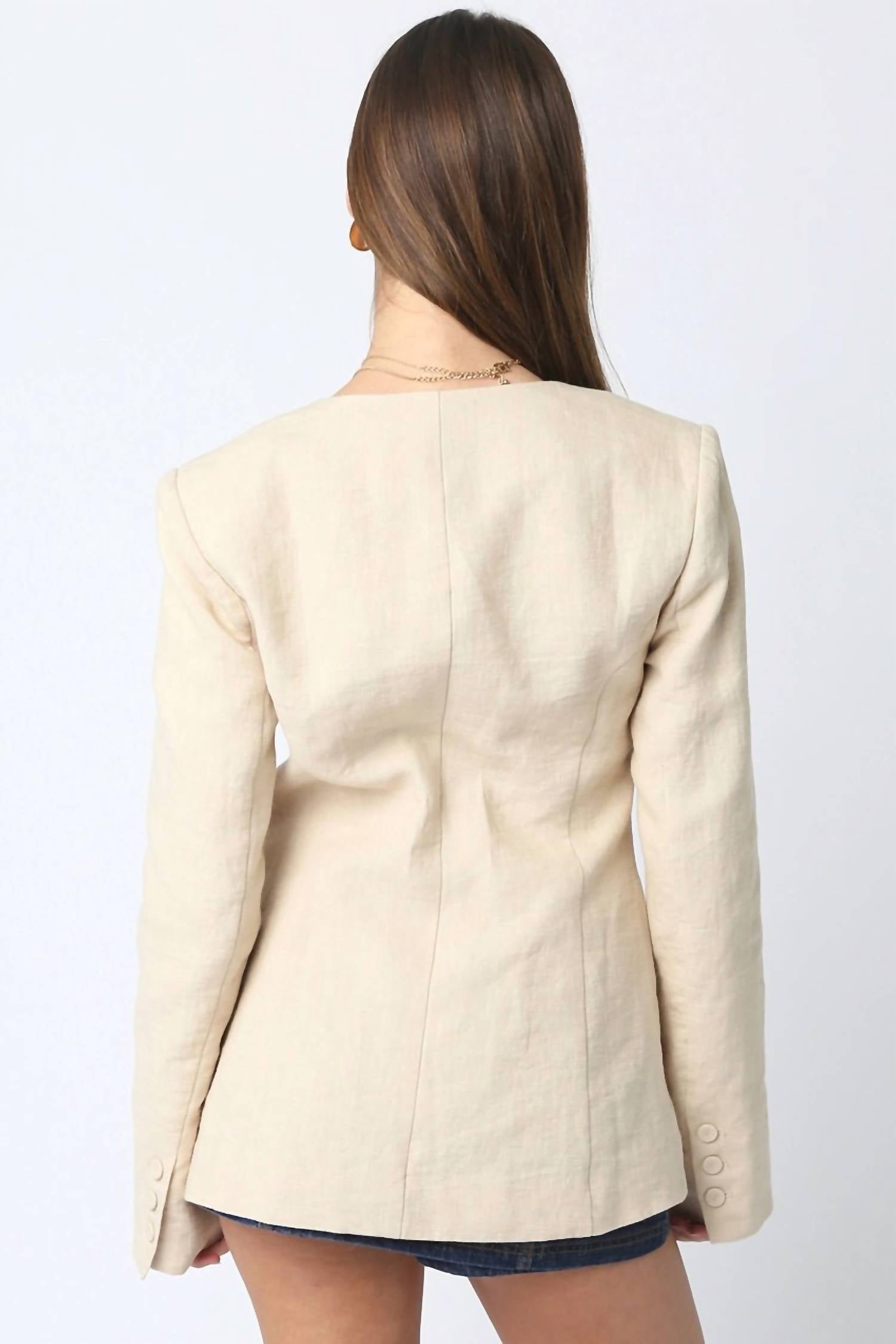 Olivaceous - Linen Scoop Neck Blazer