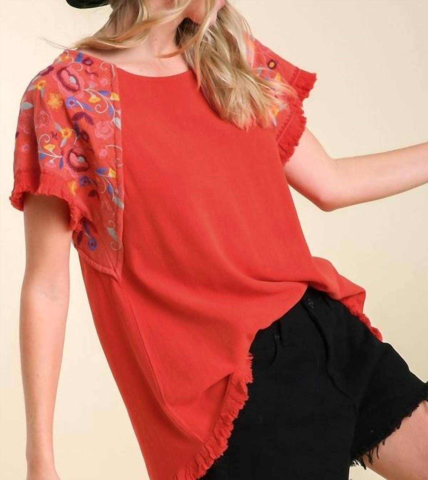 Umgee - Embroidered Sleeve Frayed Ruffle Trim Top