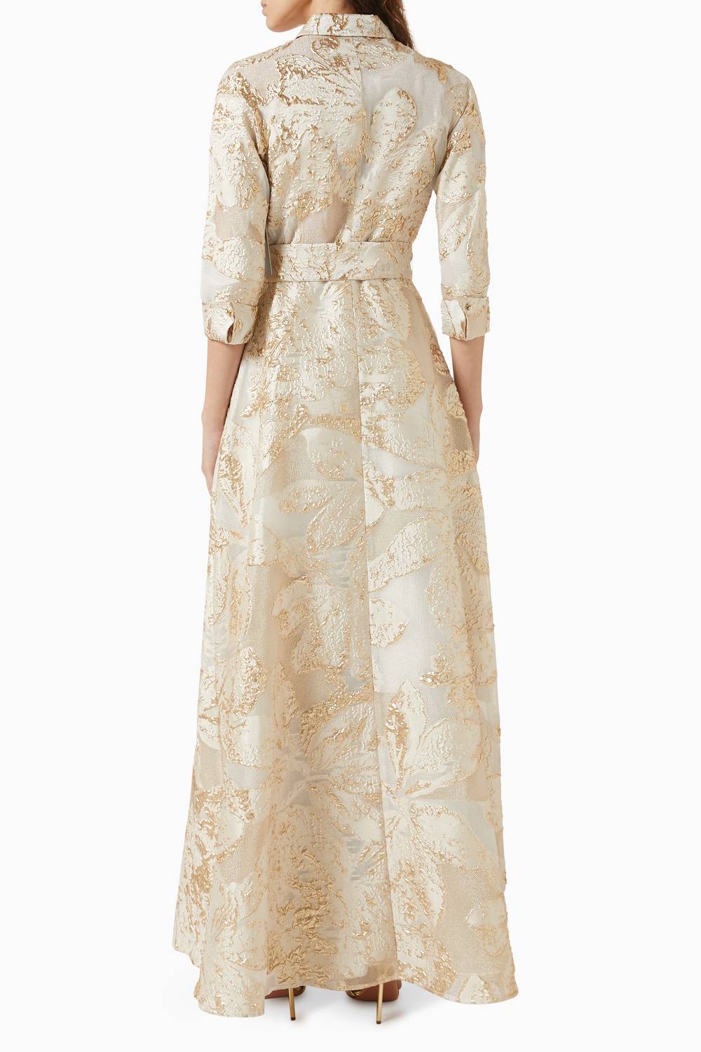 Teri Jon - Metallic Burn Out Jacquard Shirt Waist Gown