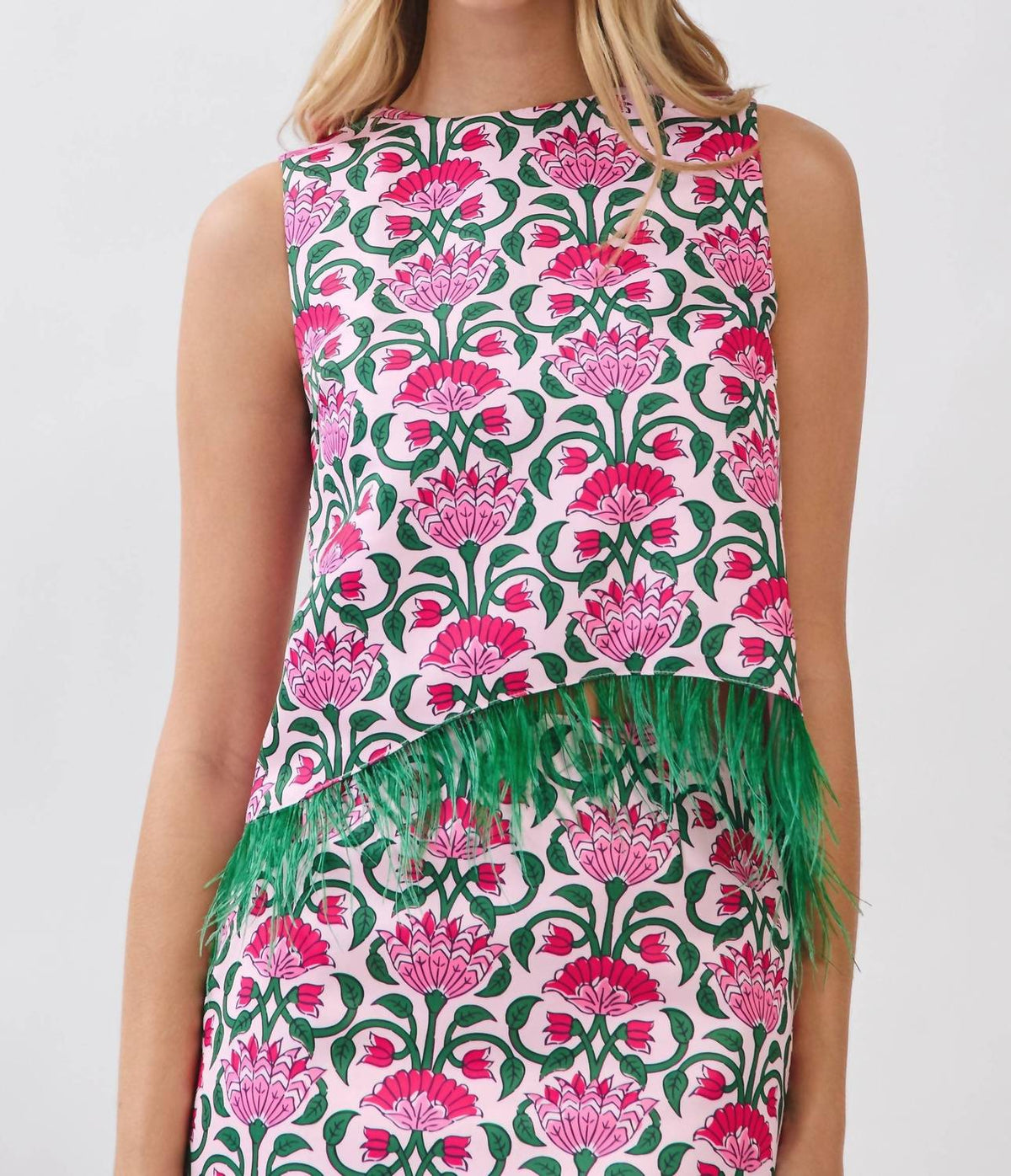 Tcec - Floral Feather Trim Sleeveless Top
