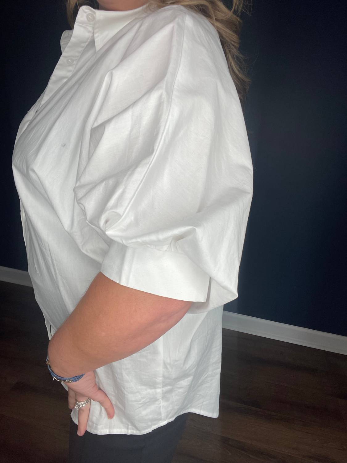 Before You Collection Oversized 3/4 Sleeve Button Up Top in white - women's blouse - detail view