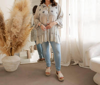 Young Threads - Mexican Embroidery Blouse Gathered Waist Shirt