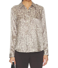 L'Agence Tyler Long Sleeve Blouse in grey multi patch leopard - women's blouse - detail view